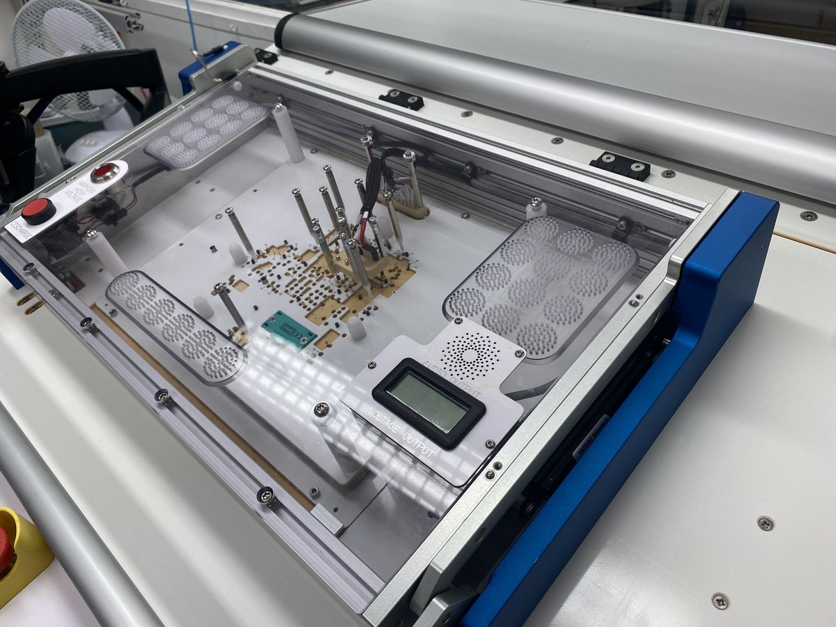 Bed-of-nails test fixture with interchangeable probe plate and guarded lid, built by LTec Engineering