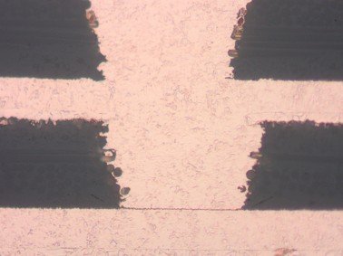 Microsection showing a copper trace reliability failure
