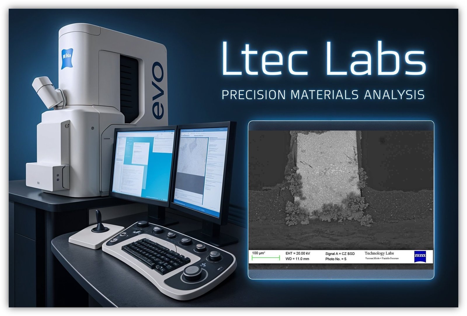 LTec Labs — Zeiss EVO scanning electron microscope with a BSD cross-section on screen