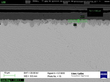BSD SEM cross-section of a plated feature at 100 micron scale