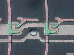 Optical detail of a TFT on an LCD panel showing source and electrode