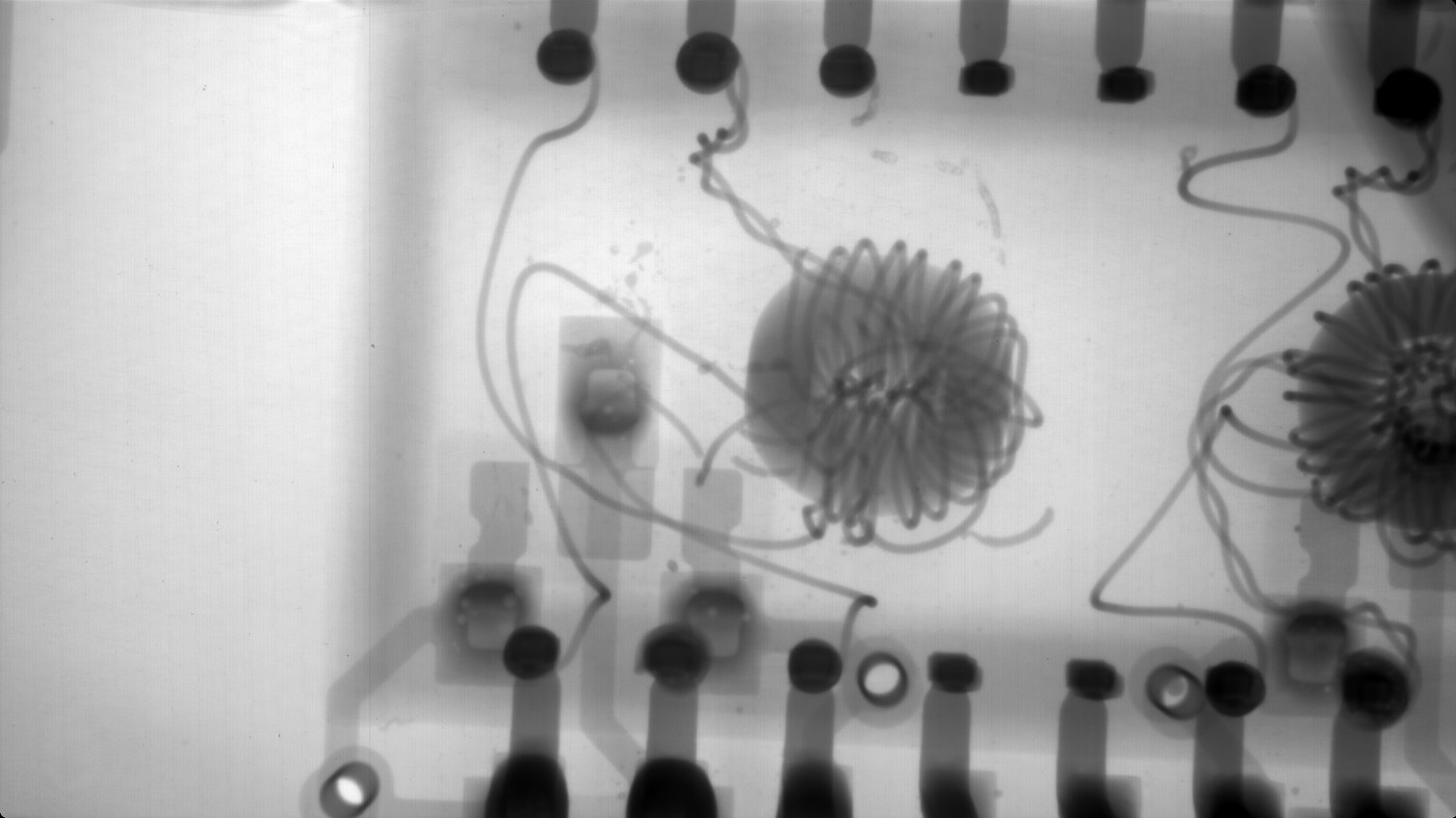 2D X-ray of a PCB assembly showing wound components, terminations and solder joints